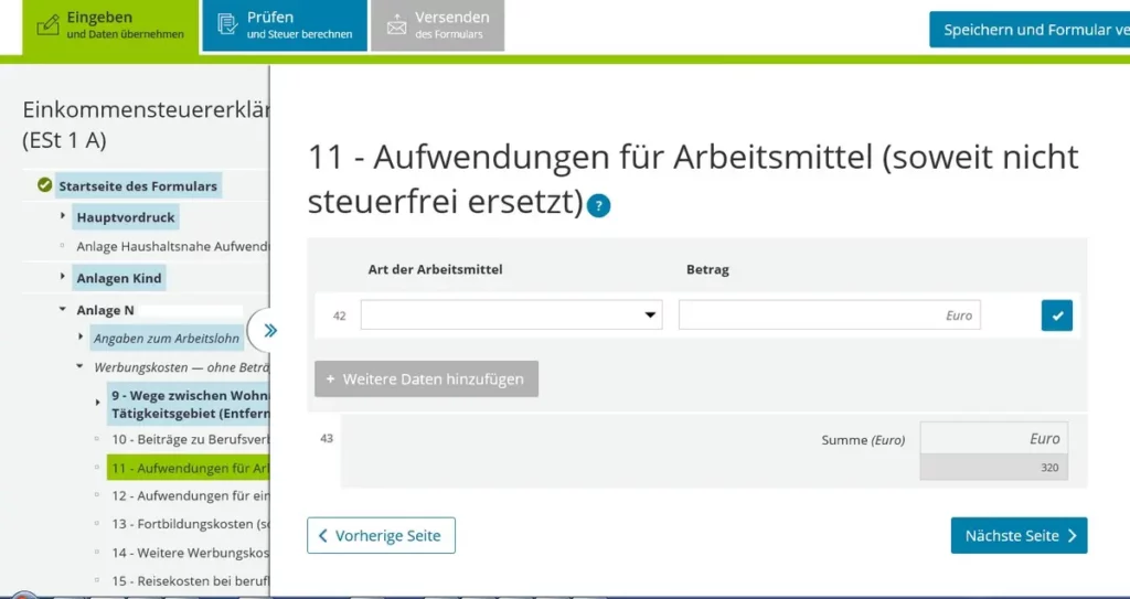 German tax return Anlage N working expenses Werbungskosten in Anlage N