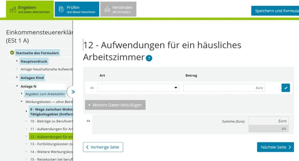 German tax return Anlage N working expenses Werbungskosten