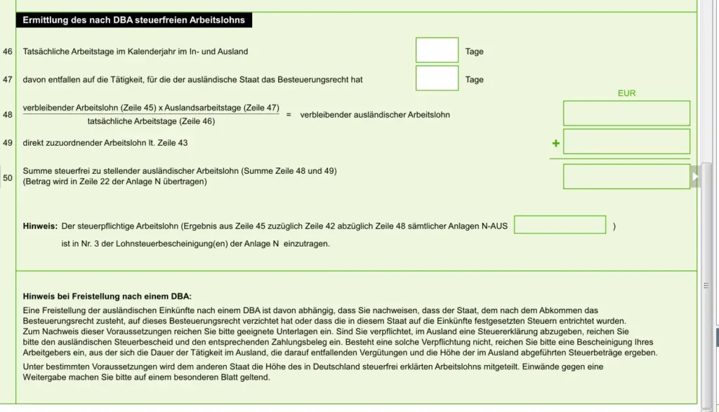 German tax return Anlage N-Aus / Steuererklärung Anlage N-AUS ausfüllen 